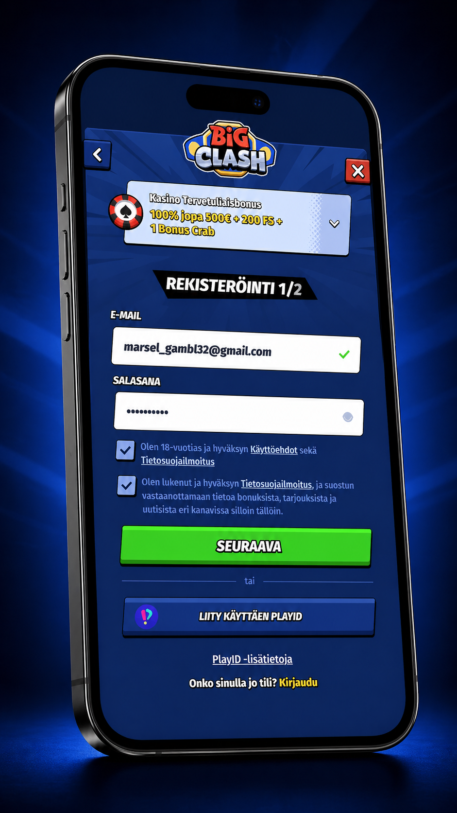 Inscription BigClash Casino sur mobile